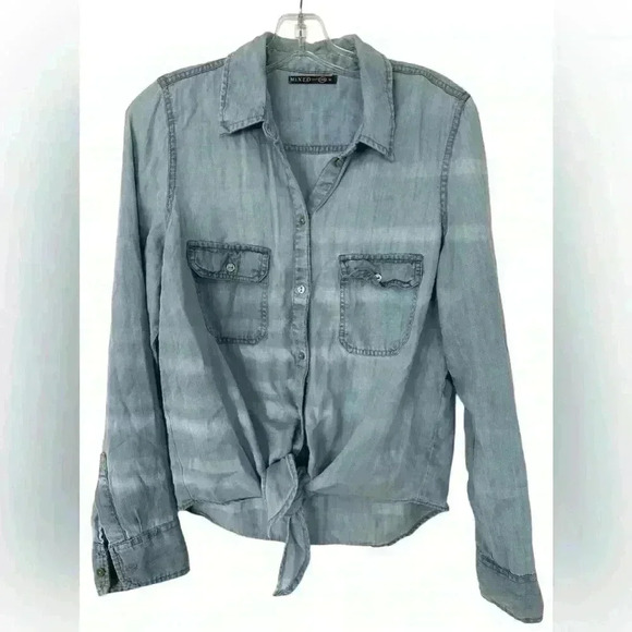 Mixed Para C&A Tie Waist Long Sleeve Collard  Button Down Denim Shirt Size M - Picture 1 of 6